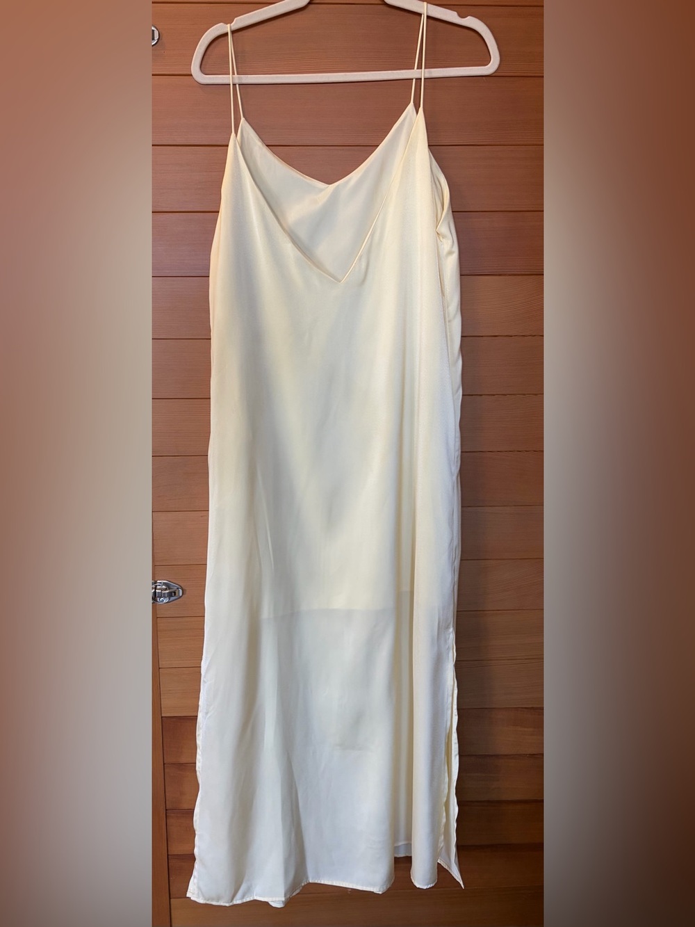 Pale Yellow Lined Satin Maxi Dress w/ Double Side Slits M